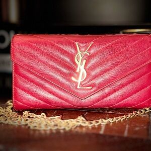 Yves Saint Laurent Grain De Poudre Matelasse Chevron Flap Long Wallet Red Gold